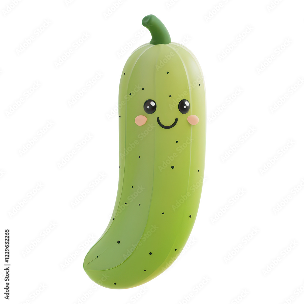 Poster a cute cartoon cucumber character with a smiling face and vibrant green color., isolated on a transp