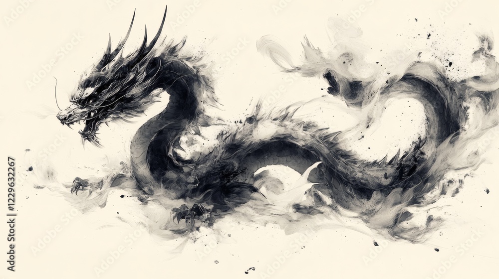 Poster bold ink strokes depicting fierce dragon with twisting body and detailed scales in an abstract yet g