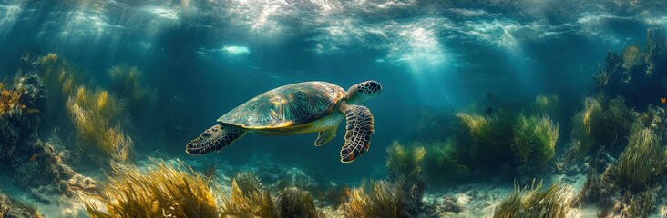 Obraz premium Graceful Sea Turtle Swimming Through Vibrant Coral Reef Underwater Sunlight in Clear Turquoise Ocean Waters