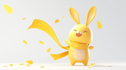 3D yellow bunny in yellow scarf isolated on white