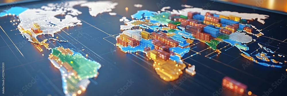 Poster a modern supply chain network map on a digital display, showing global trade routes with room for te