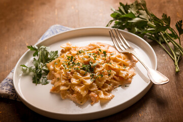 butterfly pasta with smoked salmon cream sauce and parsley