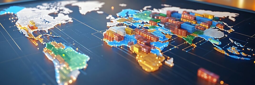 A modern supply chain network map on a digital display, showing global trade routes with room for text customization.
