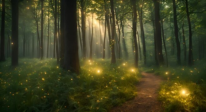 Magical forest path illuminated by fireflies and sunlight rays