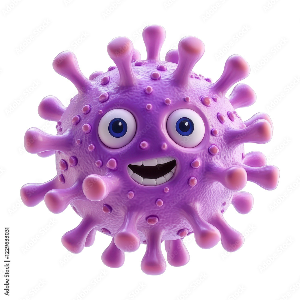 Poster a cute, friendly virus character with a smiling face and colorful design., isolated on a transparent