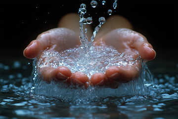 Fototapeta premium Cupped Hands Catching Water Splash Against Dark Background