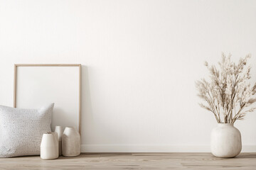 minimalist interior featuring white wall, decorative vases, and framed picture. serene atmosphere is enhanced by natural elements and soft textures