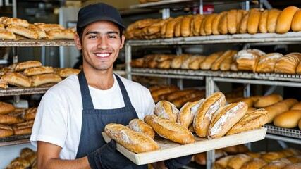 Smiling employee showcases a variety of freshly baked rolls in a local bakery during morning hours
