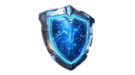 Futuristic Cyber Security Shield Digital Protection Blue Glow, isolated on transparent background