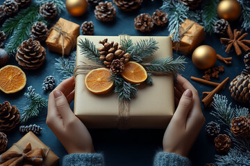Hands Holding a Rustic Christmas Gift Wrapped in Kraft Paper with Pine Cones and Dried Oranges on a...