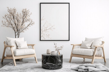 clean and modern interior featuring two stylish chairs, round black marble table, and minimalist wall art piece. serene atmosphere is enhanced by decorative tree