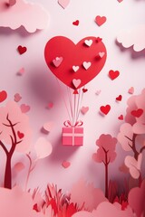 Heart-shaped hot air balloon carrying a gift ascending among paper trees and falling hearts, symbolizing love, romance, celebration, and Valentines Day spirit.