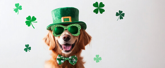 Golden retriever wearing a green leprechaun hat and shamrock sunglasses with a matching bow tie, celebrating St. Patrick's Day with clover-themed festive decorations, symbolizing Irish culture and joy