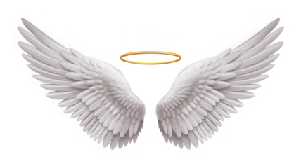 white angel wings with a gold halo isolated on a transparent background.
