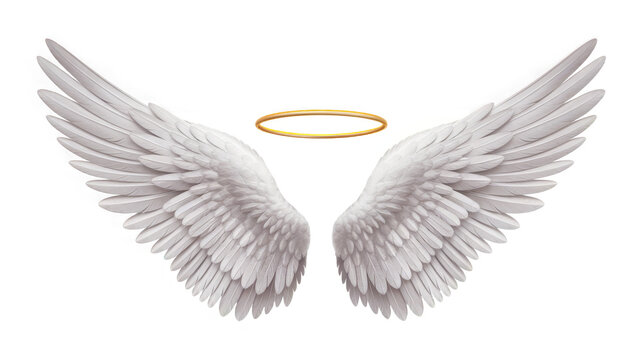 white angel wings with a gold halo isolated on a transparent background.
