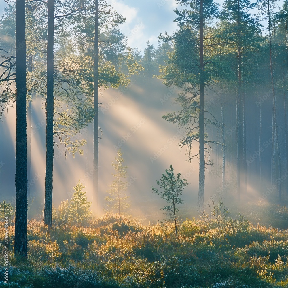 Poster sunlight streams through a misty pine forest, creating a serene and ethereal atmosphere in a tranqui