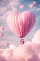 Fototapeta premium Hot air balloon in heart shape floating through pink clouds with small heart-shaped balloons, symbolizing love, romance, and joyful adventures in the sky.