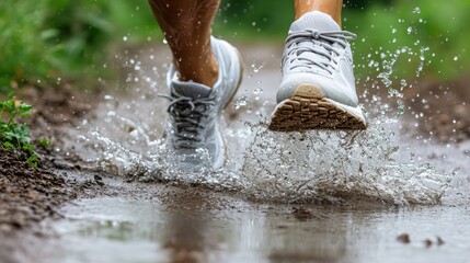 A close-up of a runner's shoes splashing through puddles, capturing the powerful steps and water droplets flying off the soles, with a blurred background to emphasize motion and energy in the movement