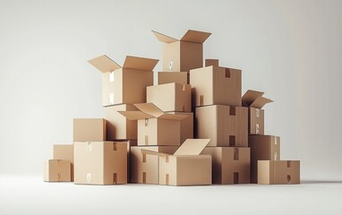 Fototapeta premium Stacked cardboard boxes open, closed, studio backdrop, delivery or storage use