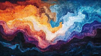 Abstract mosaic artwork with flowing, colorful waves in warm and cool tones.