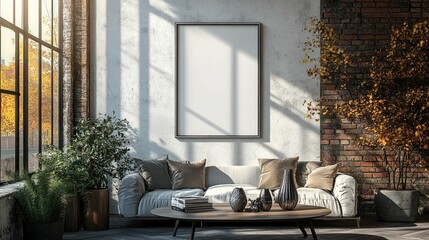 Sunlit autumnal living room, minimalist decor, blank canvas.