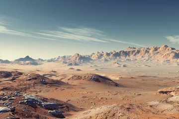 Selbstklebende Fototapeten Breathtaking martian landscape featuring red desert, mountains, and a clear sky, evoking a sense of exploration and discovery © nsit0108
