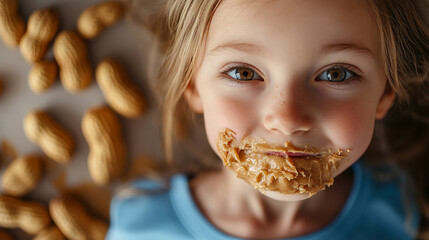 Adorable Girl Covered in Peanut Butter Happy Child Eating Peanuts Yummy Snack Kid Fun Food Cute     