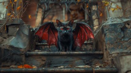 Black cat with red wings sitting on stone steps in an eerie setting during twilight hours