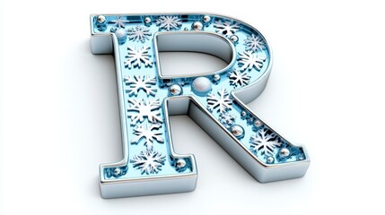 Decorative Letter R with Snowflakes and Blue Pattern Design