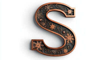 Decorative Letter S with Floral and Snowflake Design in Copper