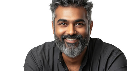 Obraz premium Smiling man with a beard poses against a plain background, showcasing a warm and friendly demeanor
