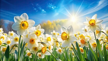 Fototapeta premium Spring's vibrant yellow daffodils bloom, a breathtaking floral wallpaper of springtime beauty.