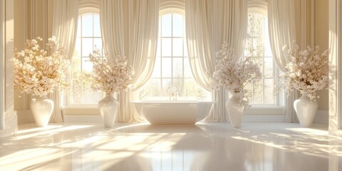 Serene Luxury Bathroom: Sunlit Sanctuary with Blooming Cherry Blossoms