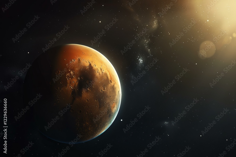 Poster planet mars rotating in the outer space with sun flare and craters
