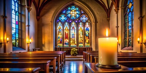 Obraz premium A serene candlelit church interior with a large stained glass window , sacred ambiance, candlelight illumination