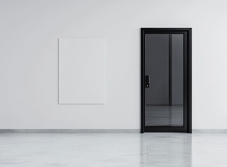 White wall with a blank poster mockup in a modern office interior, a black glass meeting room door on the right side. Minimalism concept. 3D rendering. 