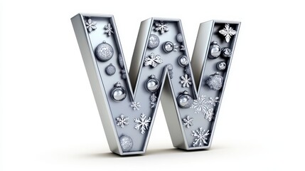 Silver Letter W Decorated with Christmas Ornaments and Snowflakes