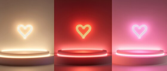 Neon heart shapes illuminated in various colors on a minimalist display platform, symbolizing love, romance, and emotional connection in decorative design.