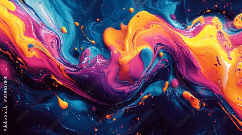 Poster bright swirling streams of neoncolored liquids flowing dynamically creating bold cartoonstyle waves 