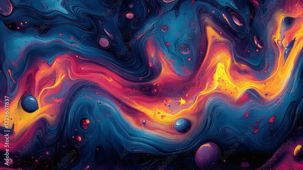 Poster bright swirling streams of neoncolored liquids flowing dynamically creating bold cartoonstyle waves 
