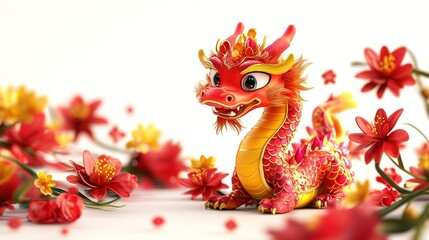 3d Beautiful  chibi style baby dragon are enjoying the Chinese New Year. On a white background 