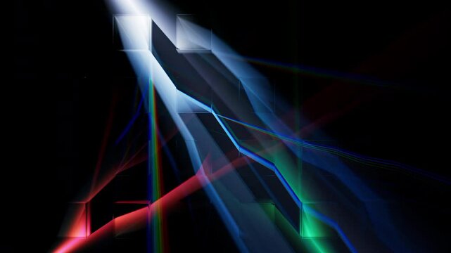 Abstract light rays experiment 3d animation.  Volumetric caustics optical effect. Blue green and red lights.