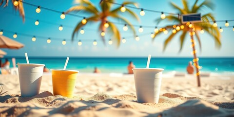 Fototapeta premium Eco-Friendly Summer Beach Party with Reusable Cups and Solar Lights