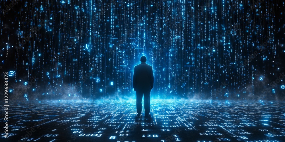 Poster silhouette of businessman standing amidst cascading streams of binary code in futuristic cyberspace