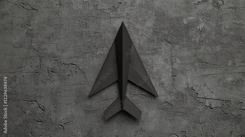 Poster minimalist black paper plane on a textured concrete background, representing simplicity, innovation,