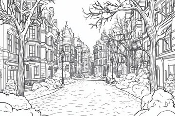 Fototapeta premium Snowy Cityscape Drawing - Charming Winter Scene