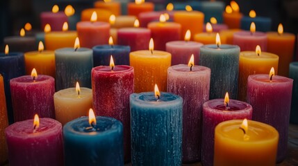 A Mesmerizing Array Of Colorful Candles, Their Warm Glow Creating A Tranquil And Inviting Atmosphere.