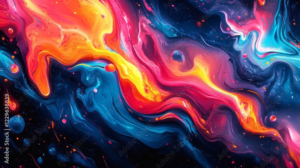 Poster bright swirling streams of neoncolored liquids flowing dynamically creating bold cartoonstyle waves 