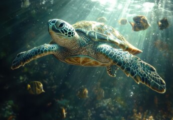 Obraz premium Majestic Sea Turtle Gliding Through Crystal Clear Water Surrounded by Diverse Marine Life and Rays of Sunlight Filtering Through Ocean Surface