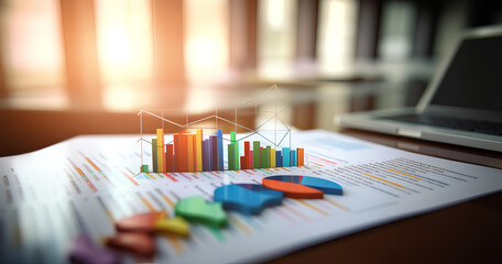 Fototapeta premium Visual representation of data analysis with colorful charts and graphs on a report, illuminated by sunlight in a modern office setting